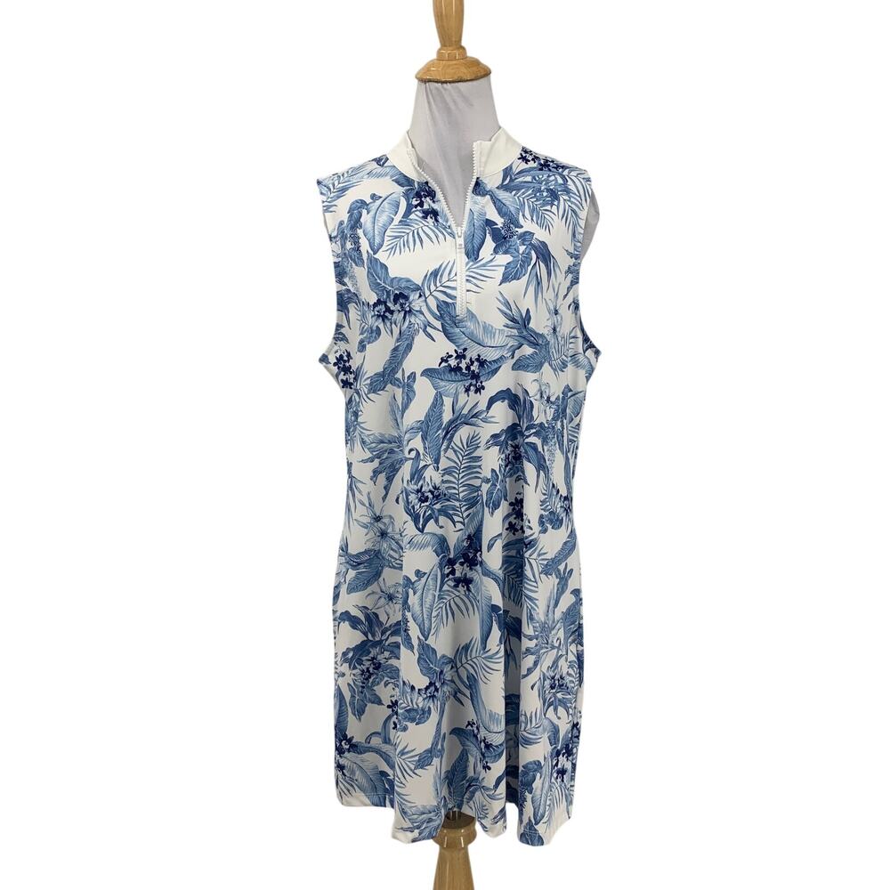 Tommy Bahama Dress Women XL White Light Blue Golf Floral Leaf Sleeveless 1/4 Zip